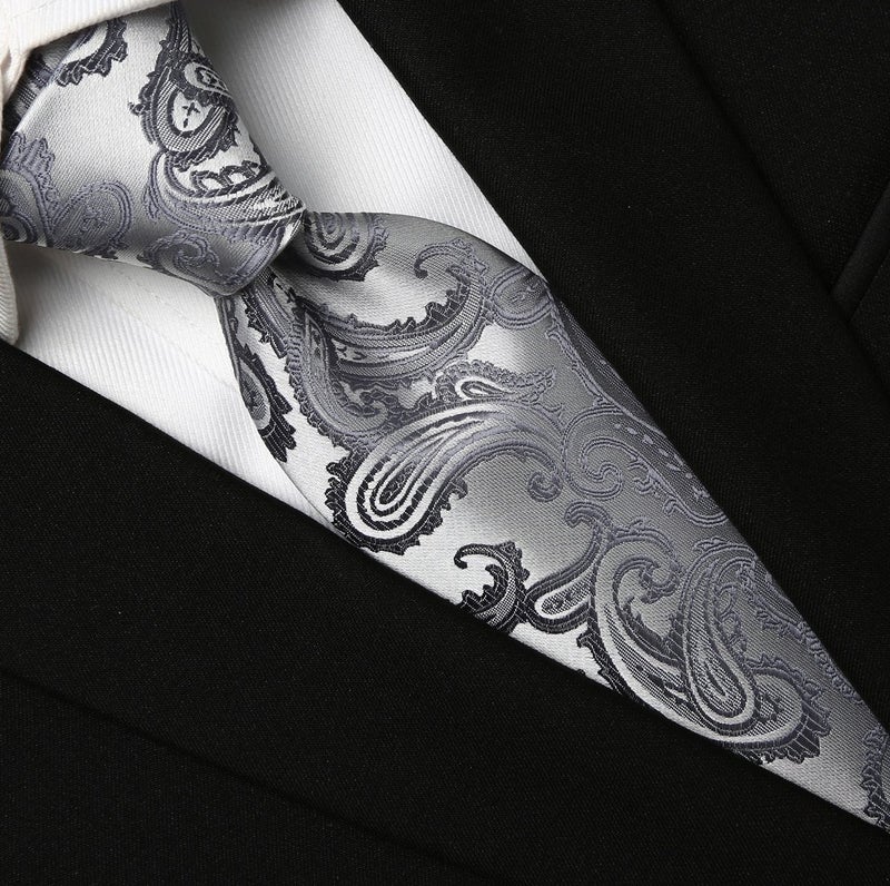 KissTies Mens 63'' XL Extra Long Tie Set Silver Gray Paisley Necktie Hanky + Gift Box - Image 3